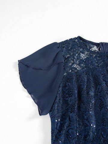 Women's Round Neck Short Sleeve Lace Splice Solid Color Bridesmaid Dress With Ruffle Waistline