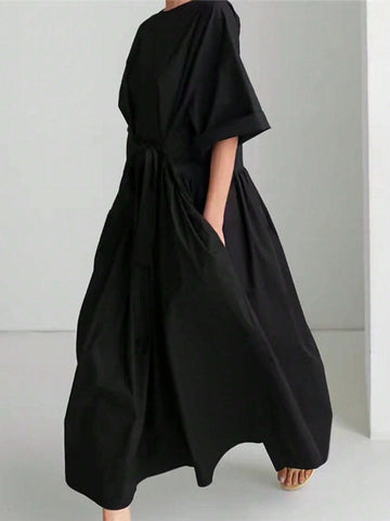 Women's Round Neck Solid Color Simple Elegant & Graceful Dress With Pleats, Pockets And Back Button