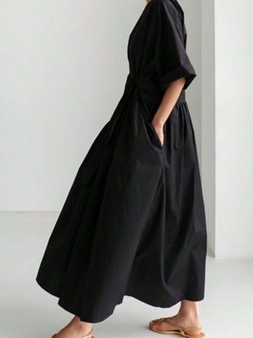 Women's Round Neck Solid Color Simple Elegant & Graceful Dress With Pleats, Pockets And Back Button