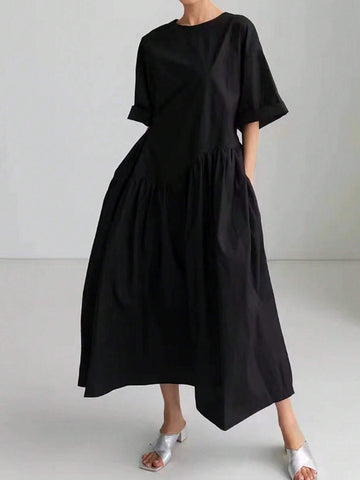 Women's Round Neck Solid Color Simple Elegant & Graceful Dress With Pleats, Pockets And Back Button