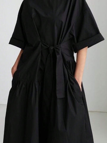 Women's Round Neck Solid Color Simple Elegant & Graceful Dress With Pleats, Pockets And Back Button