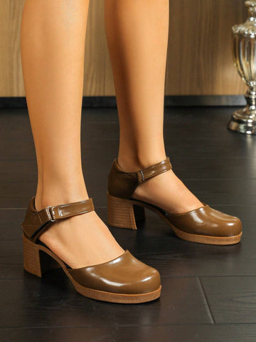 Women's Round Toe High Heel Mary Jane Pumps Thick Heel, Mid Heel, 2024 Autumn Winter New Styles,