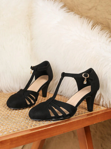 Women's Round Toe Hollow-Out Shallow Mouth High Heel Sandals, T-Strap High Heels, Chunky Heeled Ankle Strap