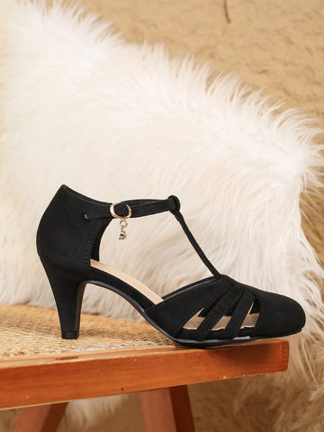 Women's Round Toe Hollow-Out Shallow Mouth High Heel Sandals, T-Strap High Heels, Chunky Heeled Ankle Strap