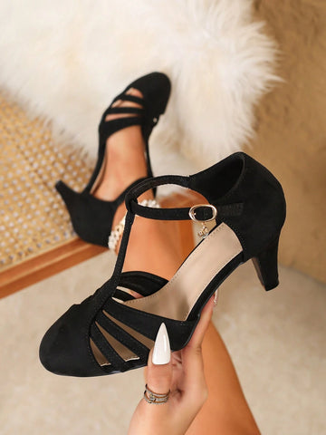 Women's Round Toe Hollow-Out Shallow Mouth High Heel Sandals, T-Strap High Heels, Chunky Heeled Ankle Strap