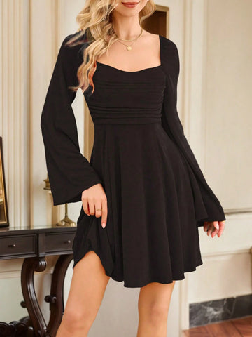 Women's Ruched Front, Backless Tie-Strap Bell Sleeve Christmas Party Dress