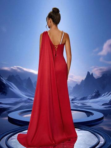 Women's Ruched Side Decor Rhinestone Chain Bridesmaid Dress