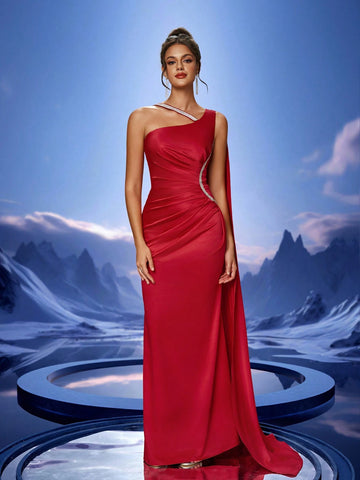 Women's Ruched Side Decor Rhinestone Chain Bridesmaid Dress