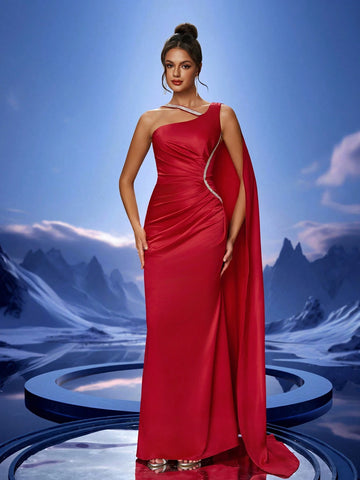 Women's Ruched Side Decor Rhinestone Chain Bridesmaid Dress