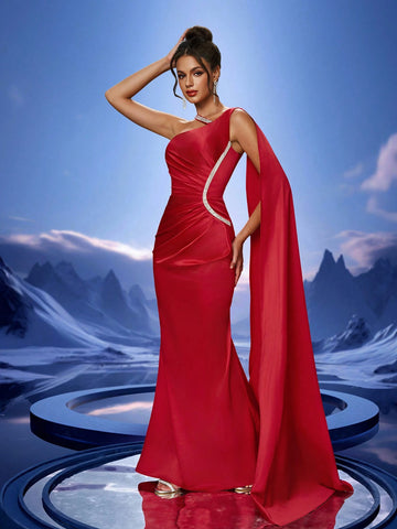 Women's Ruched Side Decor Rhinestone Chain Bridesmaid Dress