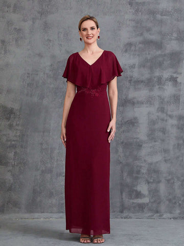 Women's Ruffle Trim Floral Applique Chiffon Party Dress