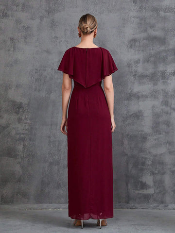 Women's Ruffle Trim Floral Applique Chiffon Party Dress