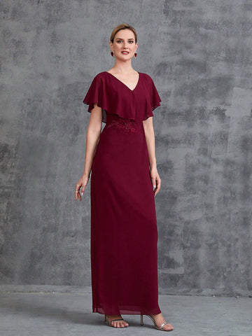 Women's Ruffle Trim Floral Applique Chiffon Party Dress