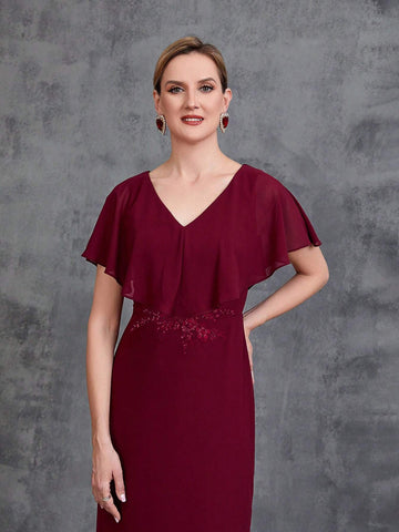 Women's Ruffle Trim Floral Applique Chiffon Party Dress