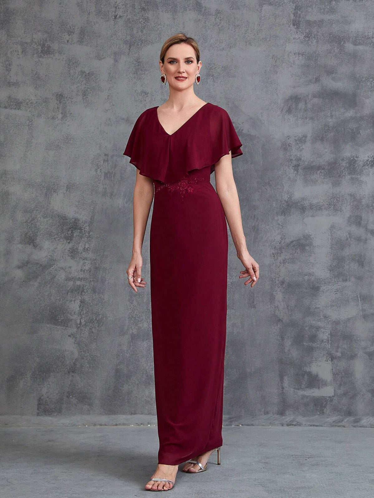 Women's Ruffle Trim Floral Applique Chiffon Party Dress