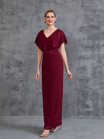 Women's Ruffle Trim Floral Applique Chiffon Party Dress