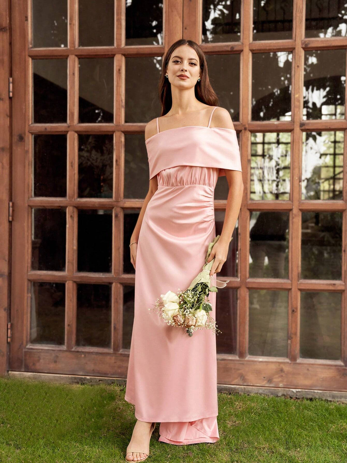 Women's Satin Off Shoulder Short Sleeve Bridesmaid Dress