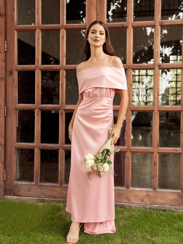 Women's Satin Off Shoulder Short Sleeve Bridesmaid Dress