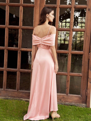 Women's Satin Off Shoulder Short Sleeve Bridesmaid Dress