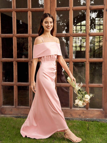 Women's Satin Off Shoulder Short Sleeve Bridesmaid Dress