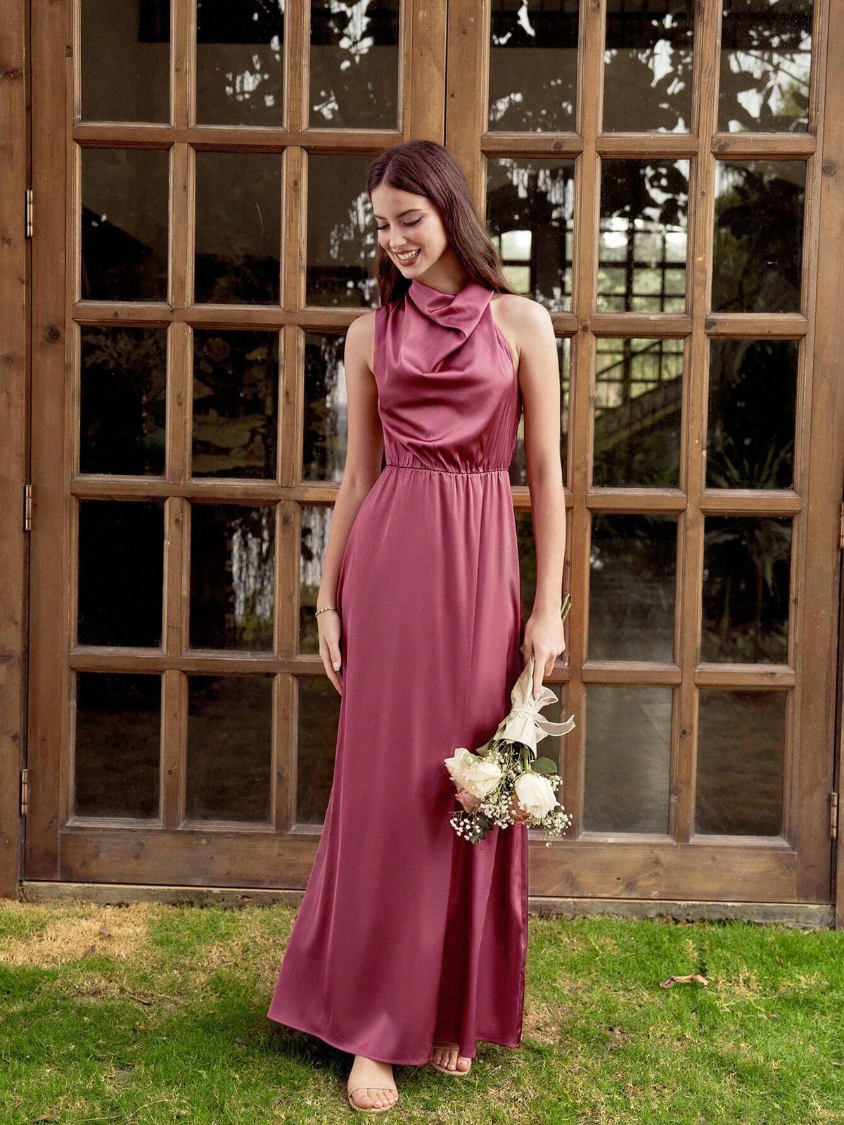 Women's Satin Sleeveless Bridesmaid Dress With Ruffle Collar
