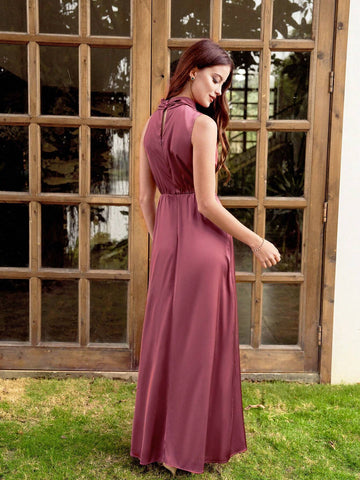 Women's Satin Sleeveless Bridesmaid Dress With Ruffle Collar