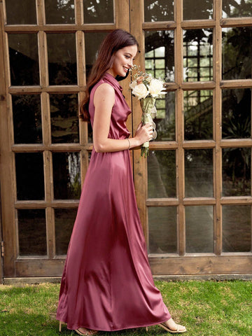 Women's Satin Sleeveless Bridesmaid Dress With Ruffle Collar