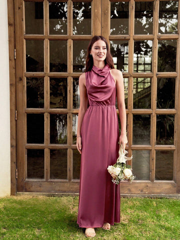 Women's Satin Sleeveless Bridesmaid Dress With Ruffle Collar