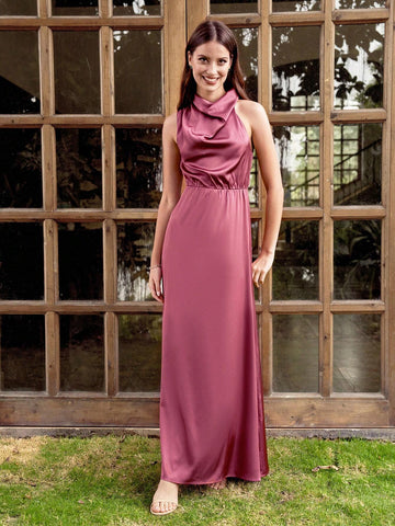 Women's Satin Sleeveless Bridesmaid Dress With Ruffle Collar