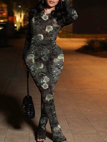 Women's See-Through Printed Tight Top, Casual Bell-Bottom Pants, Hip-Lifting Basic Set