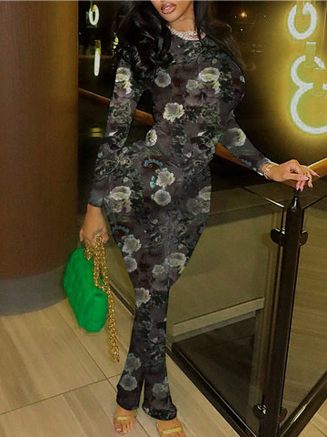 Women's See-Through Printed Tight Top, Casual Bell-Bottom Pants, Hip-Lifting Basic Set