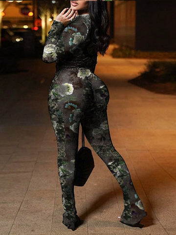 Women's See-Through Printed Tight Top, Casual Bell-Bottom Pants, Hip-Lifting Basic Set