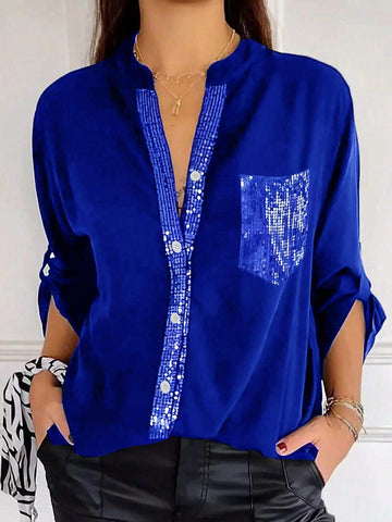 Women's Sequin Decor Front Button Pocket Casual Blouse