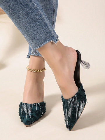 Women's Sequin Decor Slipper, Elegant And Soft, Summer New Fashion Pointed Toe Comfortable Satin Versatile