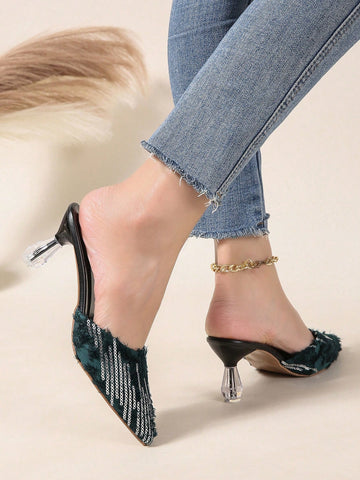 Women's Sequin Decor Slipper, Elegant And Soft, Summer New Fashion Pointed Toe Comfortable Satin Versatile