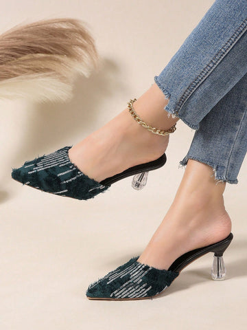 Women's Sequin Decor Slipper, Elegant And Soft, Summer New Fashion Pointed Toe Comfortable Satin Versatile