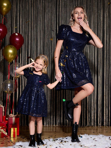 Women's Sequin Embellished Short Sleeve A-Line Dress, Blue Party Holiday Elegant Puff Sleeve Retro Mini Dress, New Arrival Autumn Winter