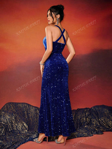 Women's Sequin Patchwork Mermaid Halter Maxi Prom Dress