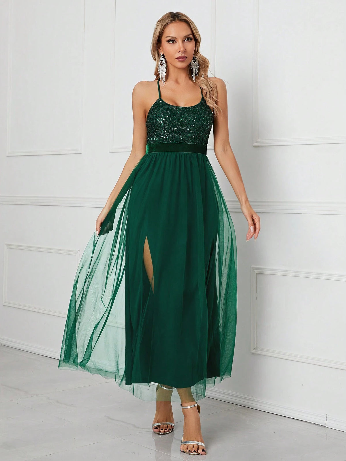 Women's Sequin Patchwork Mesh Spaghetti Strap Party Evening Gown Maxi Dress