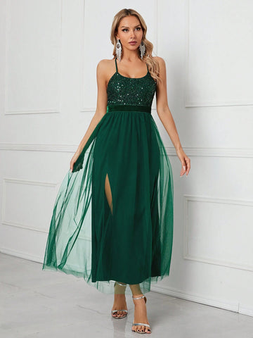 Women's Sequin Patchwork Mesh Spaghetti Strap Party Evening Gown Maxi Dress