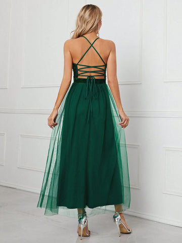 Women's Sequin Patchwork Mesh Spaghetti Strap Party Evening Gown Maxi Dress