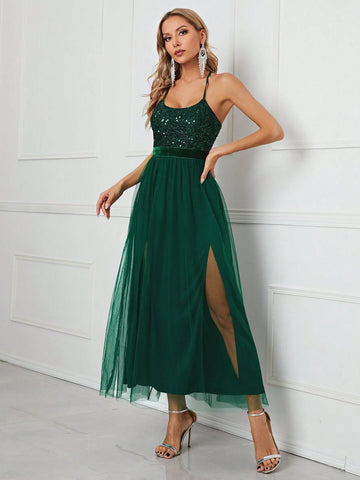 Women's Sequin Patchwork Mesh Spaghetti Strap Party Evening Gown Maxi Dress