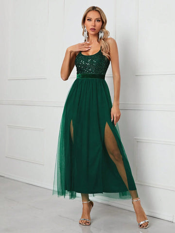 Women's Sequin Patchwork Mesh Spaghetti Strap Party Evening Gown Maxi Dress