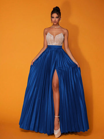 Women's Sequins Patchwork Contrast Color Pleated Slit Hem Strapless Luxe Party Maxi Dress