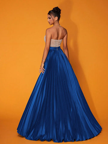 Women's Sequins Patchwork Contrast Color Pleated Slit Hem Strapless Luxe Party Maxi Dress