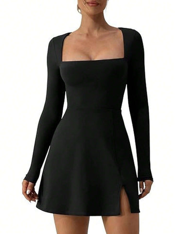 Women's Sexy And Elegant Square Neck Design Slit Hem A-Line Dress With Waist Elastic