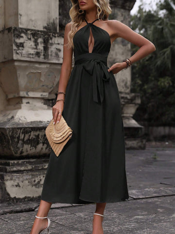 Women's Sexy And Stylish Black Halter Hollow Out Slit Maxi Dress