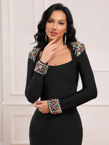 Women's Sexy Bandage Dress With Shoulder Pad, Handmade Rhinestones Design, Elegant Dress Formal Ball Gown For Cocktail Party Or Prom