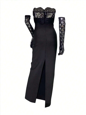 Women's Sexy Black Lace Patchwork Fitted Bandeau Party Evening Dress With Lace Gloves