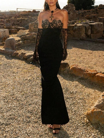 Women's Sexy Black Lace Patchwork Fitted Bandeau Party Evening Dress With Lace Gloves